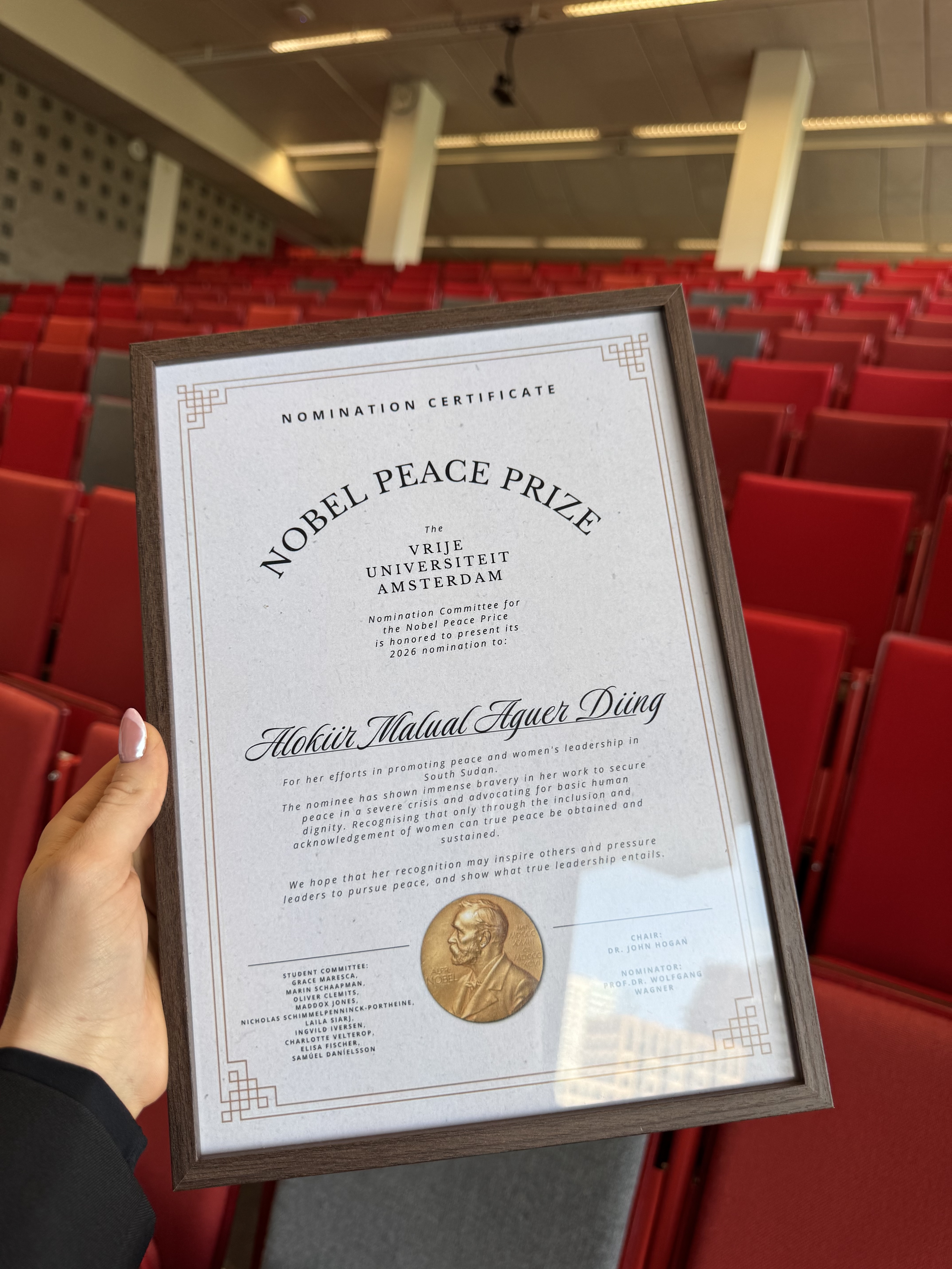 Nobel Peace Prize nomination ceremony at VU Amsterdam, May 2026